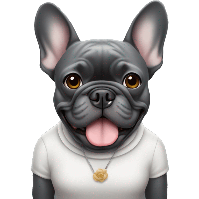 Dark grey French bulldog with grandma emoji