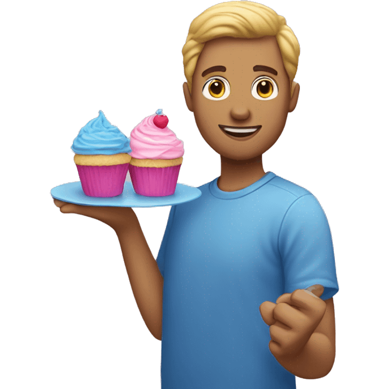 a white man with a pink cupcake and a blue cupcake in his hands emoji