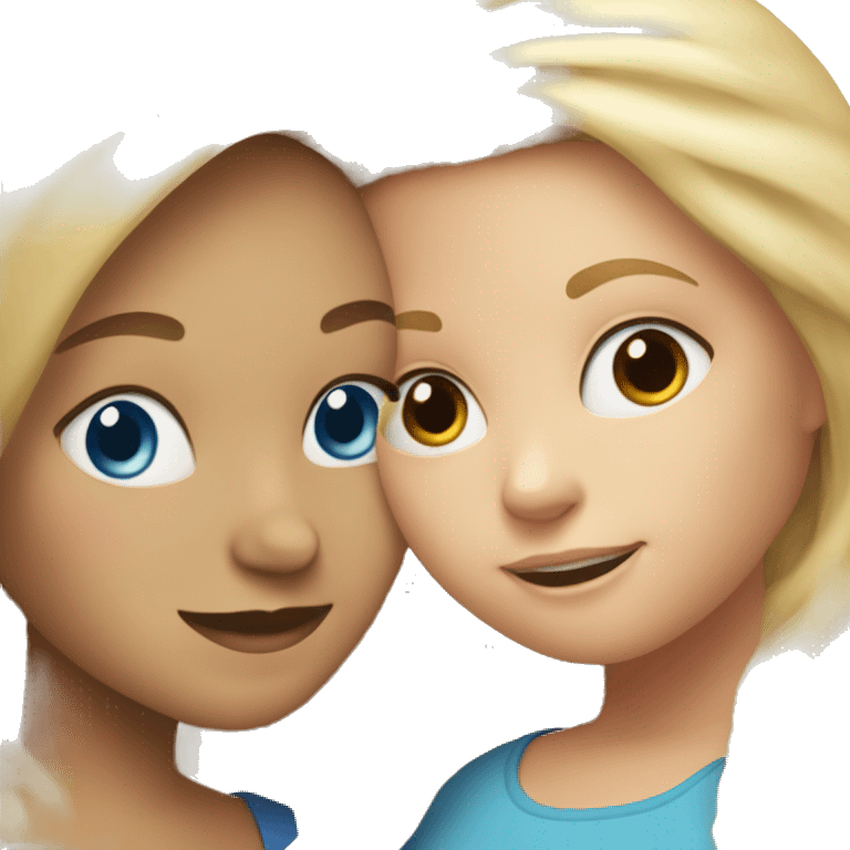 Mother with blonde hair blue eyes, hugging daughter with brown hair hazel eyes emoji