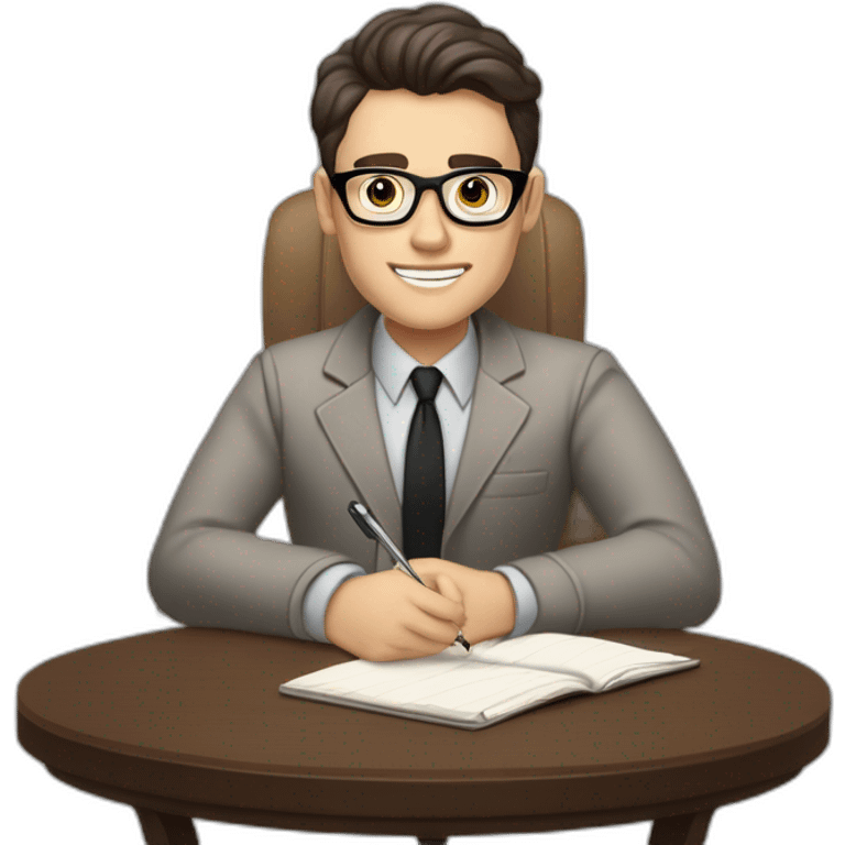 Pale skinned Fit Man With dark brown hair in gray jacket, beige office shirt and vintage glasses sitting In a soft chair with a notebook with emblem Ψ and a pen in his hands emoji