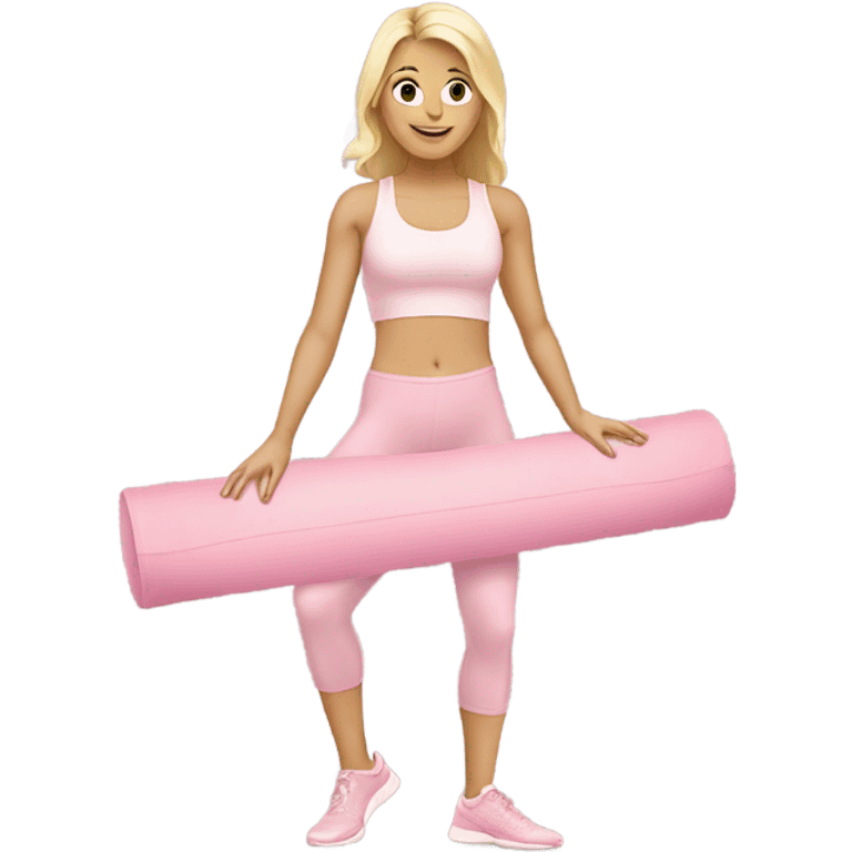 A blonde white Pilates girl in light pink clothes with fitness mat emoji