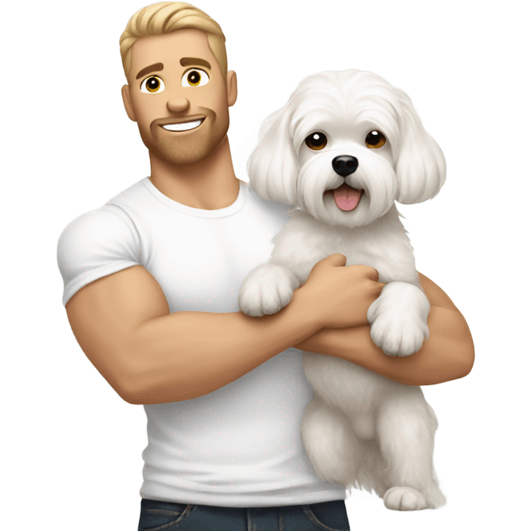 White muscle guy holding small white Maltese dog emoji