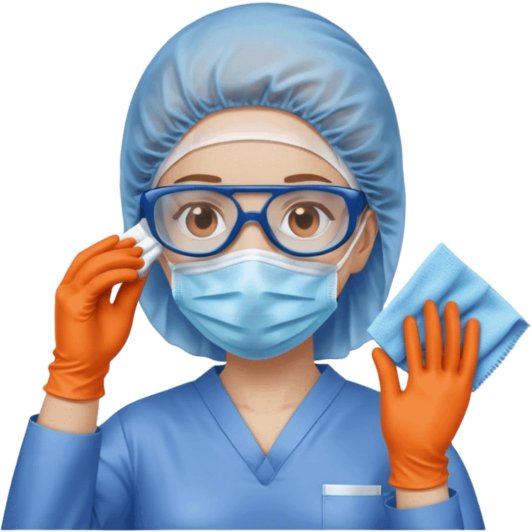 A meticulous cleanroom worker dressed in full protective gear, including a blue sterile suit, a face mask,  and orange gloves.  cleaning glasses with a wipe emoji