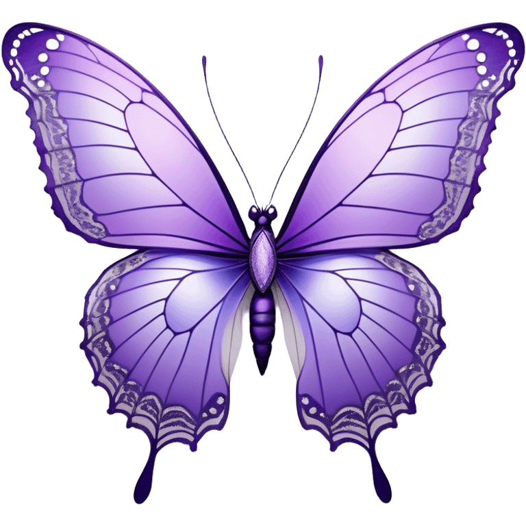  A beautiful, aesthetically pleasing butterfly with lilac and ice-purple wings, with an intricate lace-like pattern around the edges and subtle iridescent accents that shimmer in the light. The wings should have a gradient effect, going from a delicate lilac at the base to a deep ice-purple at the tips. The body of the butterfly should be slender and elegant, with delicate silver details to enhance its ethereal appearance. emoji