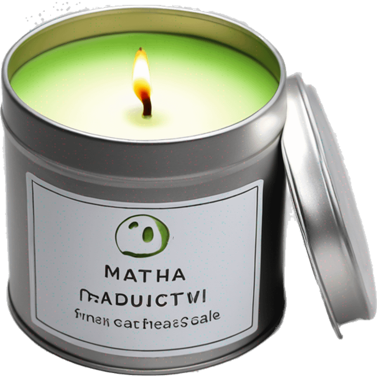 realistic, lit matcha scented candle, silver tin, small white label, text emoji