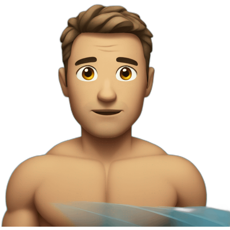 man with muscles,short hair,tired eyes,brown hair, tight swimming trunks emoji