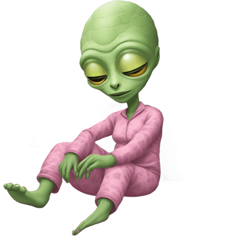 Reptilian alien woman, in pink in pajamas, sleeping to bed emoji