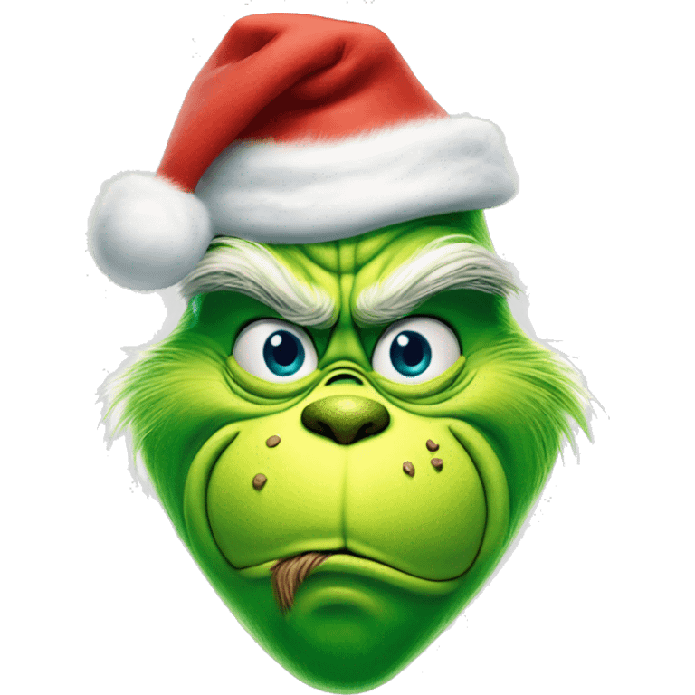 The Grinch smirking mouth closed and he’s blue with santa hat emoji