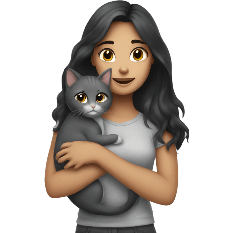 a girl with dark hair hugs a gray kitten emoji