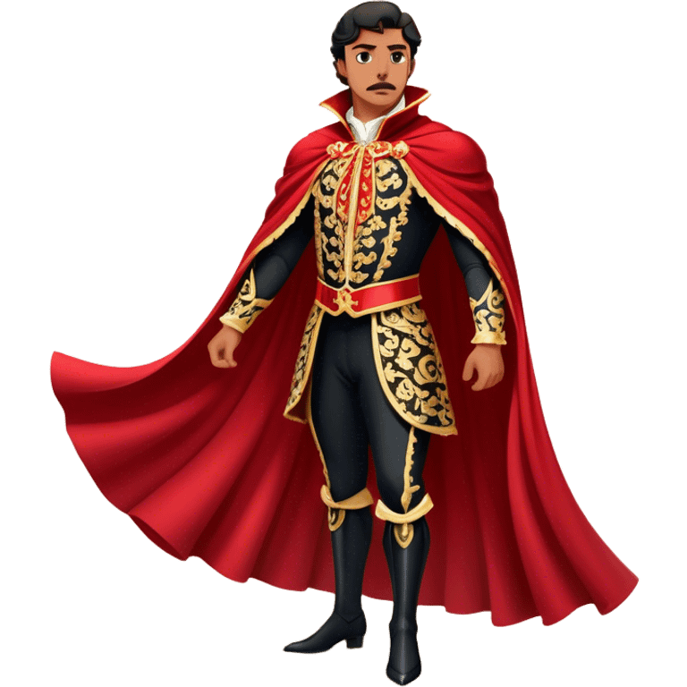 Spanish Matador – Cinematic Realistic Spanish Matador, portrayed in an ornate traje de luces with a flowing red cape, standing poised in a classic bullring with swirling dust and dramatic light, his intense expression and elegant stance capturing both bravery and artistry. emoji