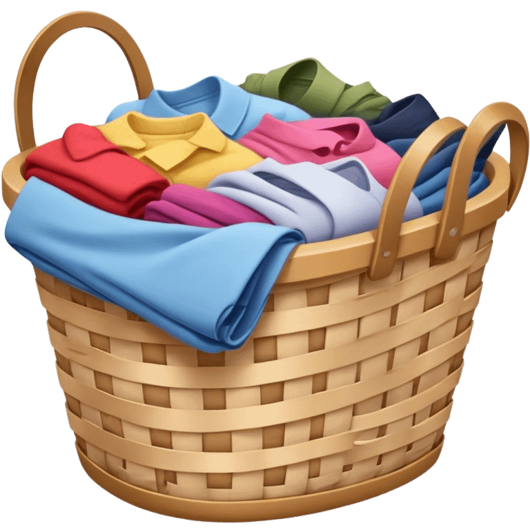 A laundry basket filled with clothes, some neatly folded and others piled up. The basket is made of plastic or woven material, with handles on the sides emoji