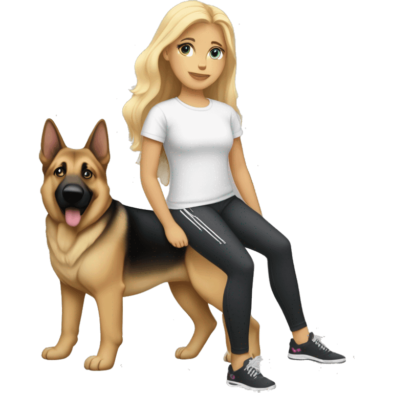 Blond hair blue eyed girl wearing leggings and a FLORDIA t-shirt with a big German shepherd next to her emoji