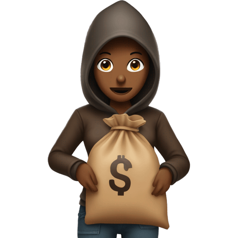 Robber with a brown money bag 💰 hanging backwards of her shoulder emoji