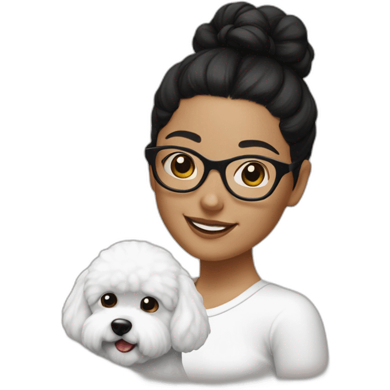 woman-black hair-bun-with glasses-with bichon dog-white-smile emoji