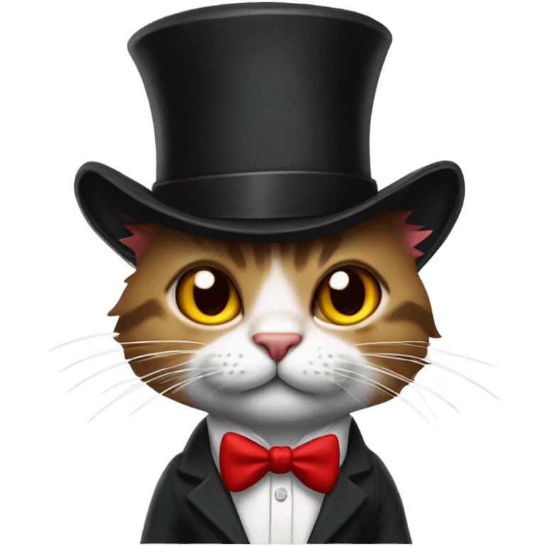 Cat with a top hat wearing a suit and tie and black ripped jeans with a fluffy tail and sharp claws and red gloves emoji