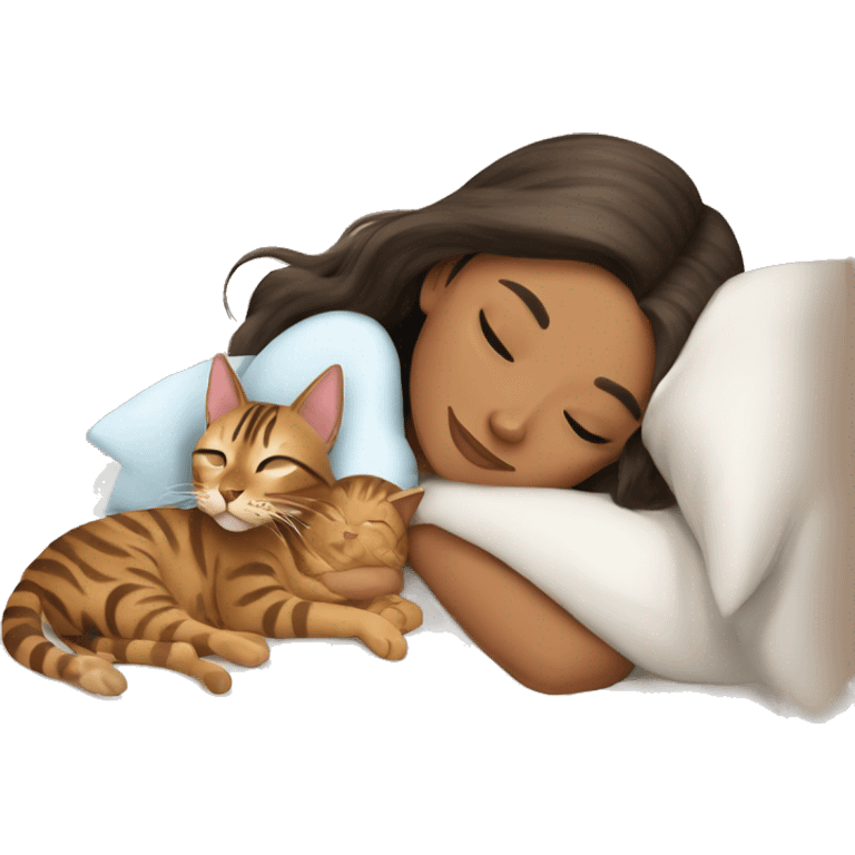 brunette girl sleeping with bengal cat emoji