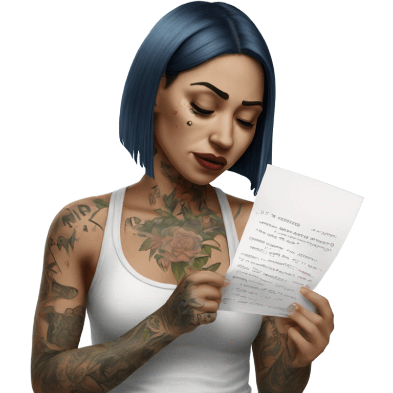 Hyper Realistic Beautiful tattooed woman crying holding a letter  emoji