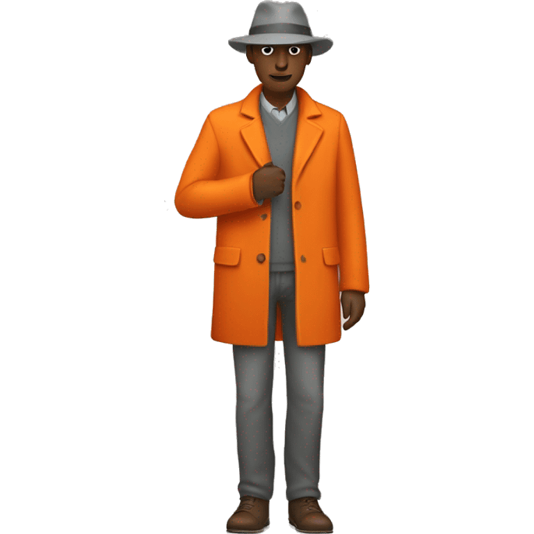 Grey Skinned Faceless figure wearing an orange coat and fedora emoji