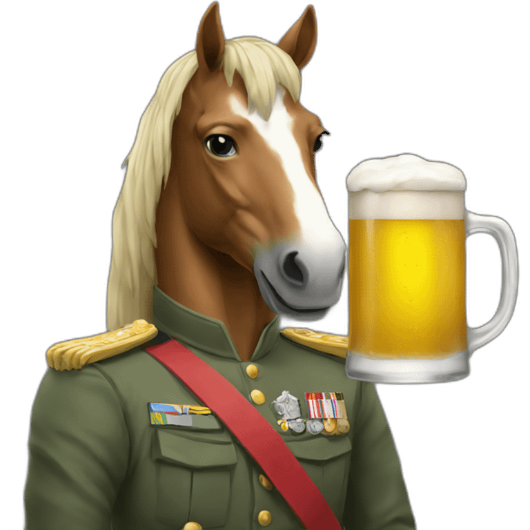 a horse in military uniform holding a beer emoji