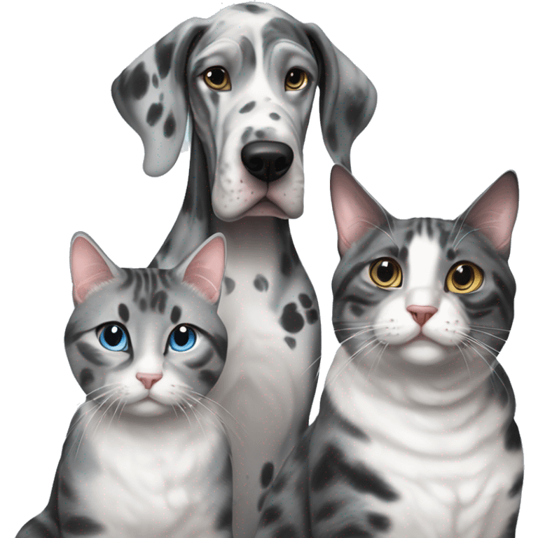 Blue Merle Great Dane next to two tabby cats and one black cat emoji