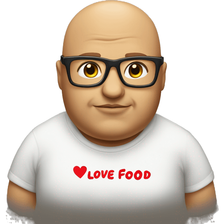 Simon fat bald head glasses wearing a T-shirt that says I love food on it emoji