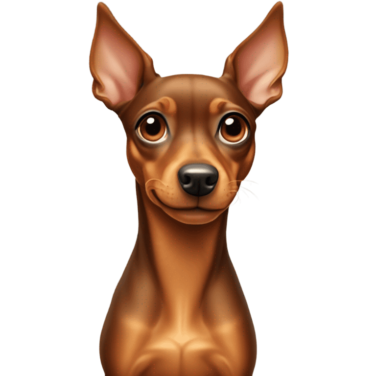 Fully tan miniature pinscher with thick neck with a white stripe in the center, and extending long ears to the sides and a long nose  emoji