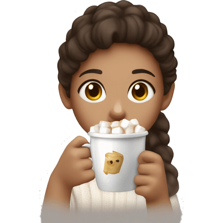 A New Year's cup with coffee and marshmallows in the hand of a light-skinned girl with dark brown hair in a white fluffy sweater emoji