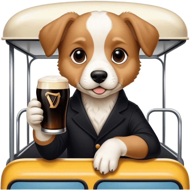 Puppy on a bus drinking a pint of Guinness WHILE “SPLITTING THE G” ON THE GUINESS emoji