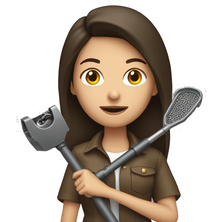 Brunette woman holding metal detector  emoji