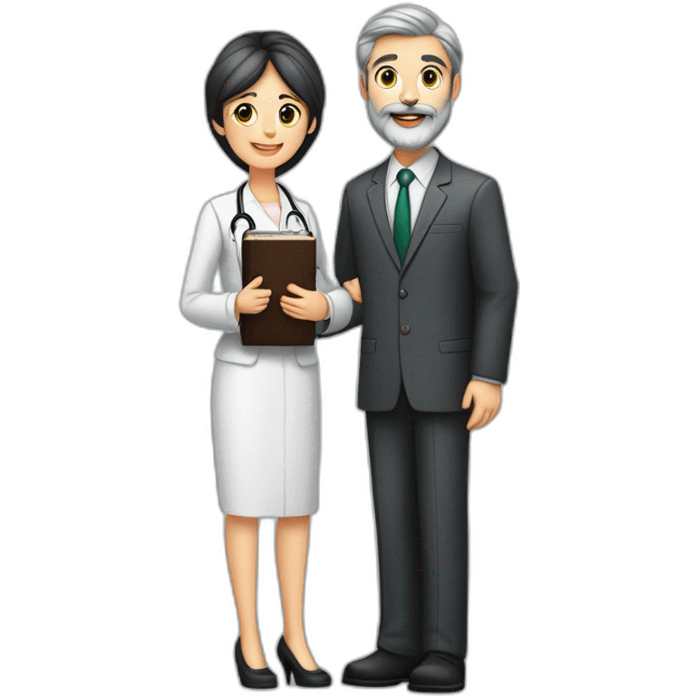 husband classy caucasian dark gray hair trimmed beard wearing business suit holding bible, with wife asian age 55 dark hair nurse uniform, no children emoji