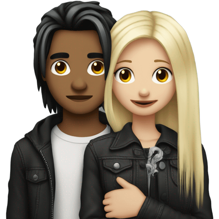 Emo couple hugging  guy with emo hair black snake bite lip rings hair girl with blonde hair emoji