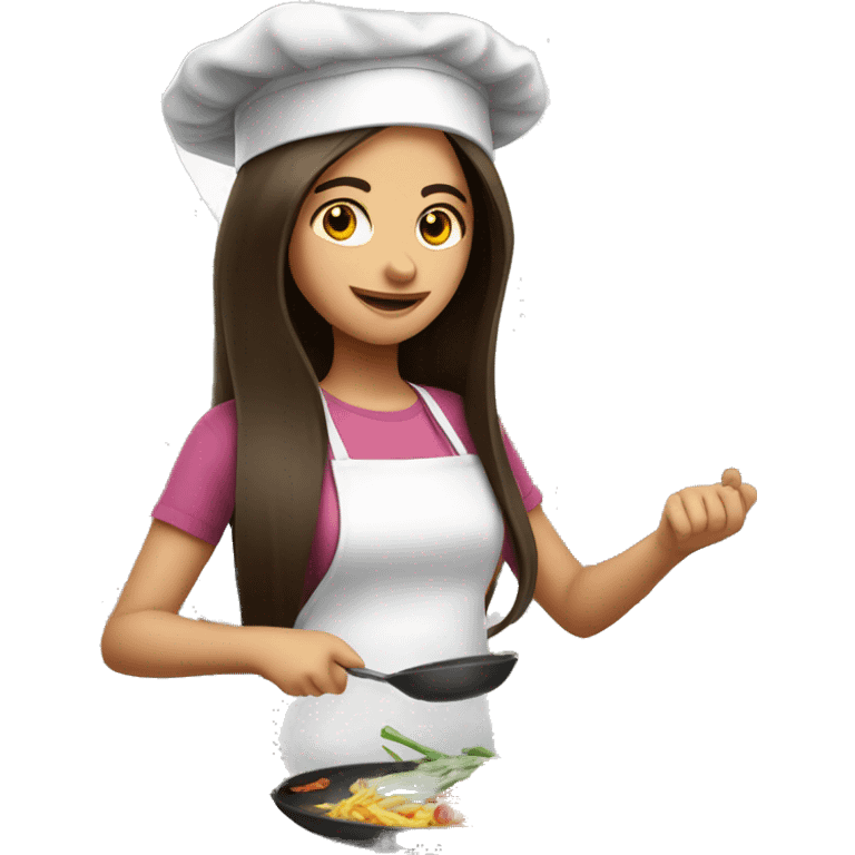 Brunette long straight hair girl making dinner in a cook hat emoji