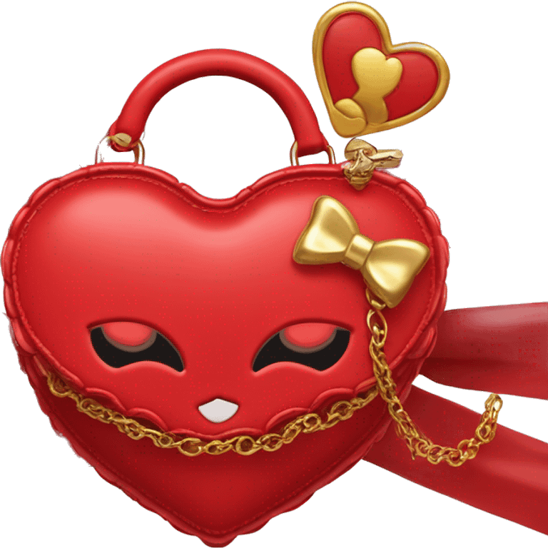 This is a heart-shaped handbag in glossy red material with a scalloped edge. It features a decorative bow and the text “Sleepy Kitty” embossed in gold. The bag is adorned with two small red heart-shaped accents attached to gold chains, forming the handle. emoji