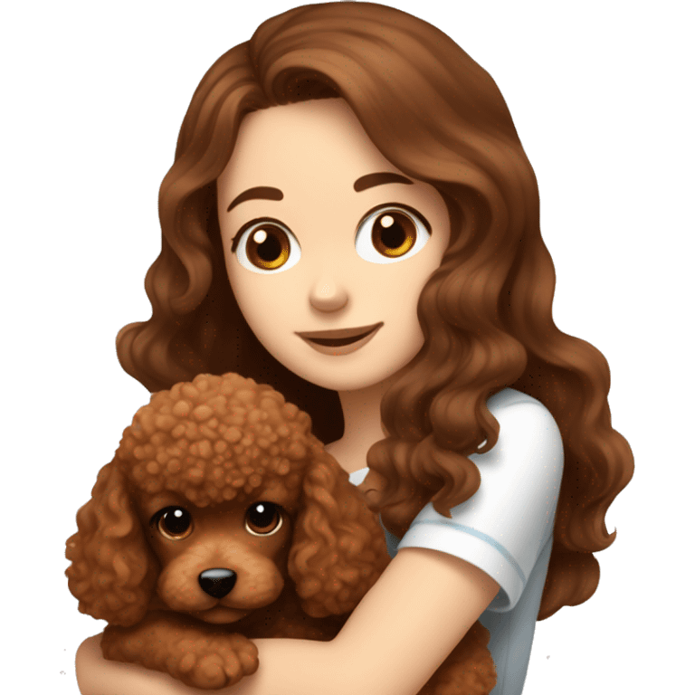 A white girl with long brown hair hugging a cute red brown toy poodle puppy  emoji