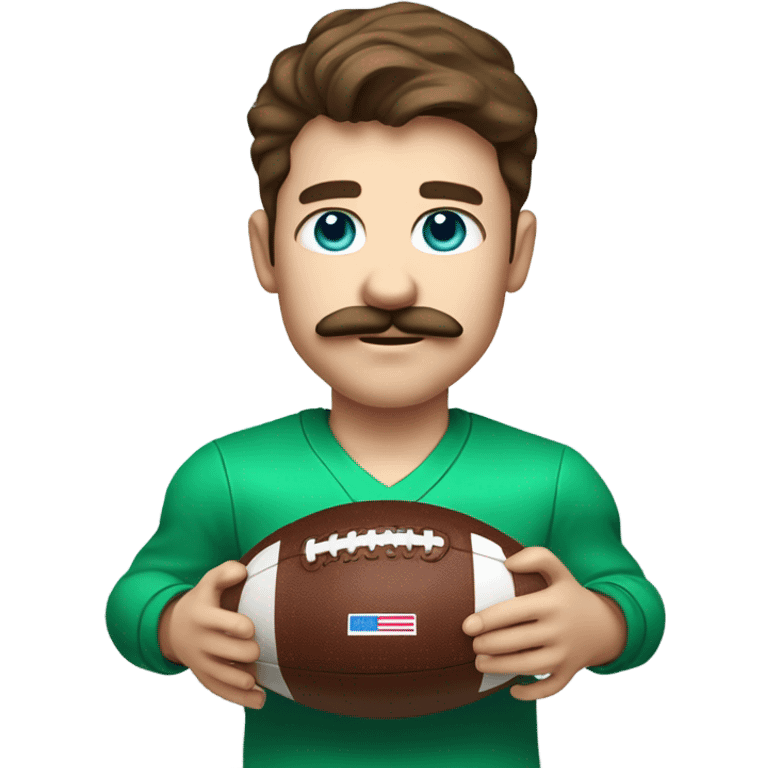 boy with brown hair and light blue eyes with a moustache. wearing a green shirt. holding an american football  emoji