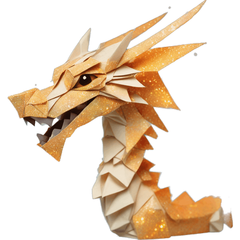 Sparkling patterned Beige Origami dragon with a dried flower crown made of newspapers intricate patterns surrounded by fairy lights nebula galaxy stars swirls iridescent orange cyan yellow emoji