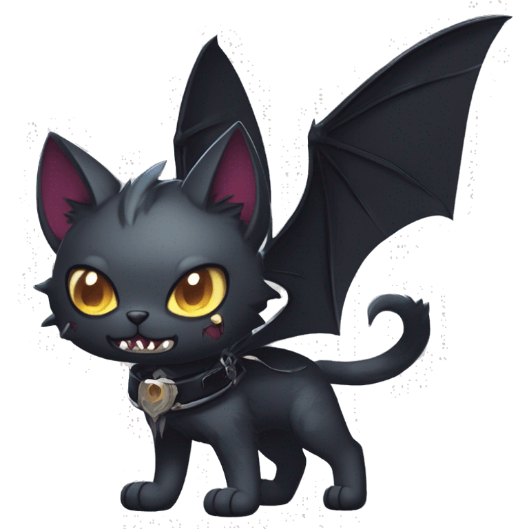   cool edgy kawaii ethereal dark-punk-themed animal vampiric cat-hybrid Fakemon with fangs and bat-wing-ears with a collar full body emoji