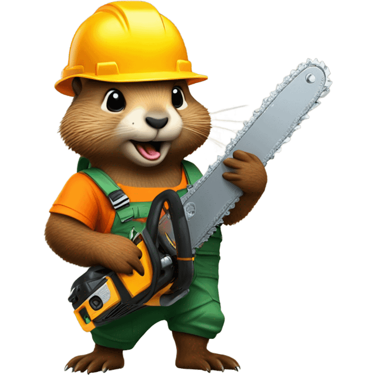 Woodchuck in climbing gear and hard hat holding a chainsaw  emoji