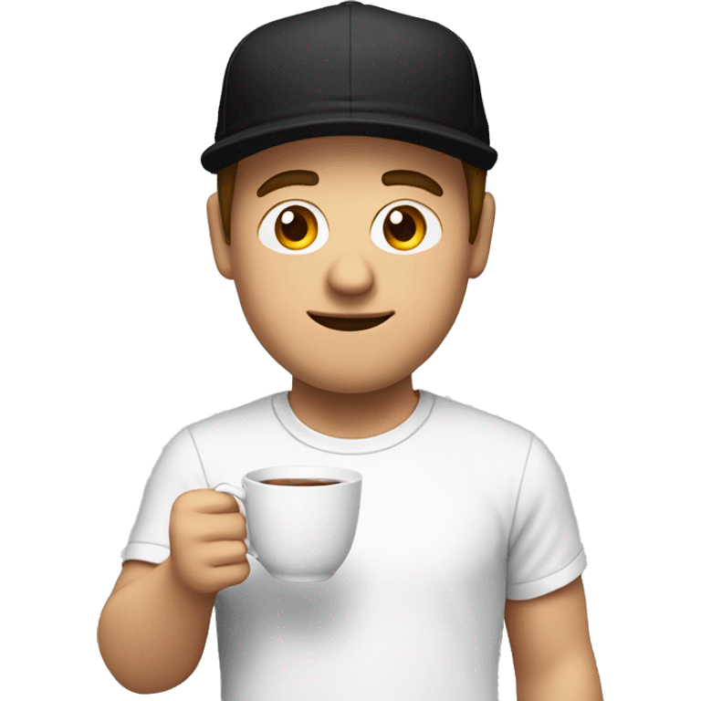 White Men using a black cap with white shirt, and holding a tea-cup with one hands I front of him  emoji