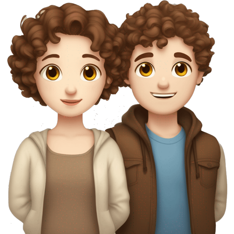 Cute chubby Girl with brown curly hair and blue eyes and pale skin with freckles hugging a tall handsome boy with brown hair brown eyes and white skin emoji