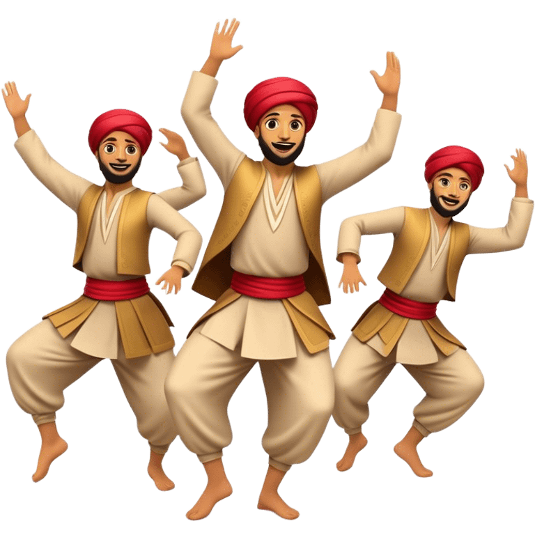 Cinematic Realistic Dabke Dance Emoji, depicted as an energetic traditional Lebanese folk dance with vibrant costumes and rhythmic movements, rendered with dynamic textures and festive natural lighting that captures its communal joy. emoji