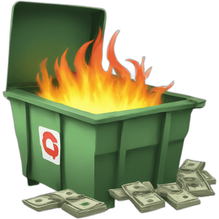 Dumpster fire with dollar bills emoji