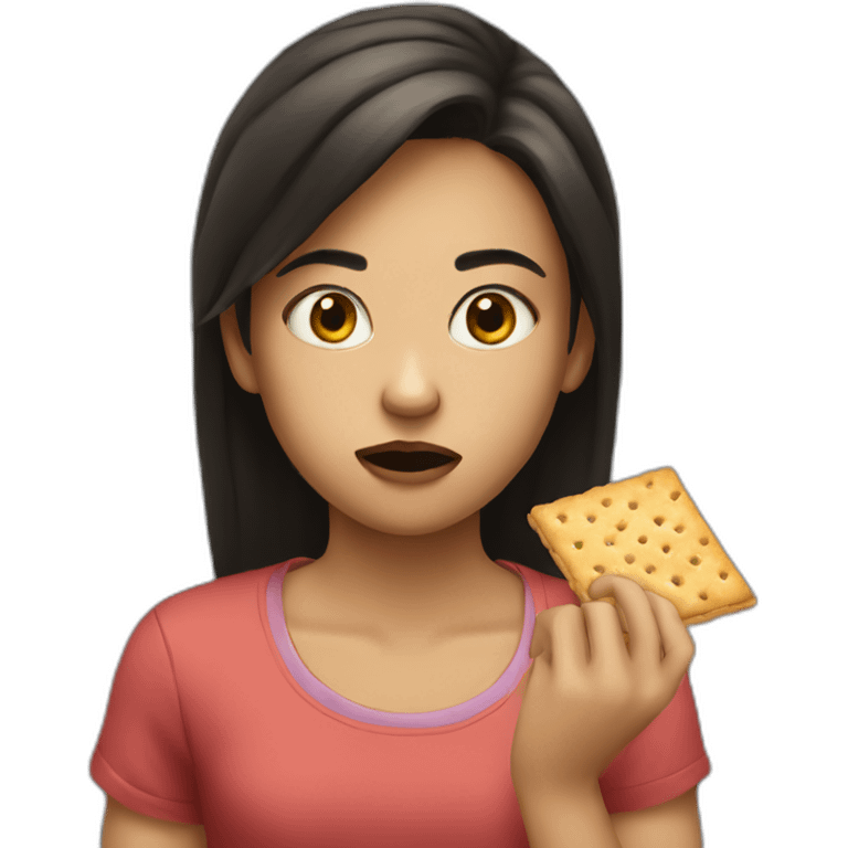 Girl with mean facing eating crackers emoji