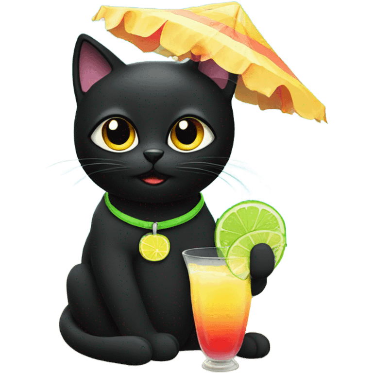 Black cat sitting on the beach drinking a margarita  emoji