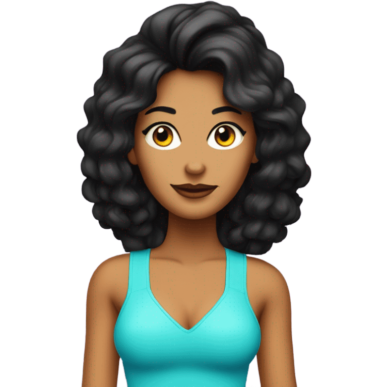 Tanned woman with black hair wearing 1980s style neon outfit and hair emoji