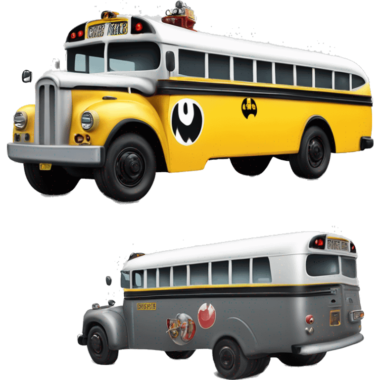 Side view shiny Graphite colored Batman’s 1956 accessorized ghost busters school bus emoji