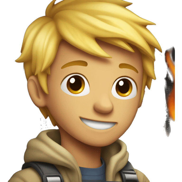 smiling blond boy in car interior in a fiery box emoji