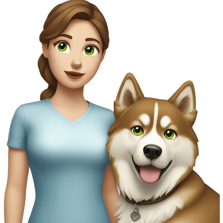 Brown hair  woman with blue eyes with a golden Husky with green eyes emoji