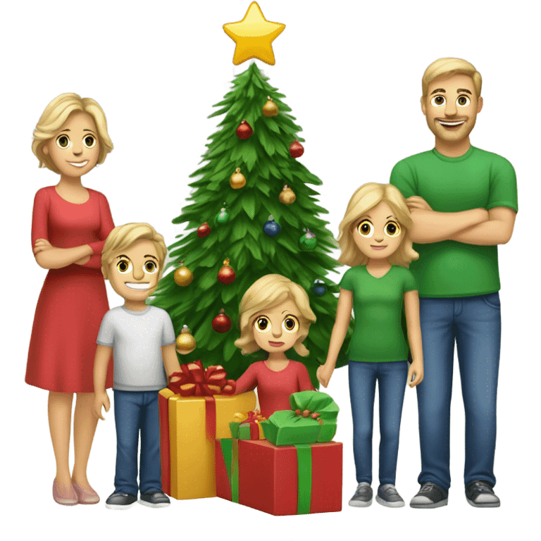 Caucasian Family of 8 Christmas tree and presents  emoji