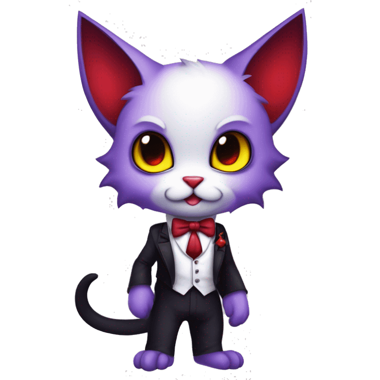 Cute-Evil-Vampiric-Batty-Cat-Black-Purple-Red-Yellow-Contrast-Colors-Fantasy-Fur-Sona-Chibi-Shiny-Fakémon-Hybrid with horns and big fangs neck bow white tie leg spats full body emoji